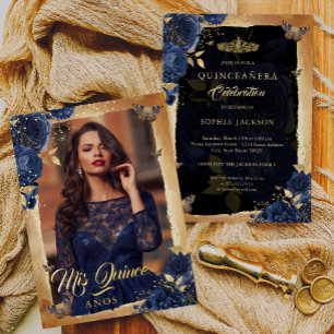 Invitación Con Relieve Metalizado Elegante Rosa Dorada Naval Floral Foto Quinceañera