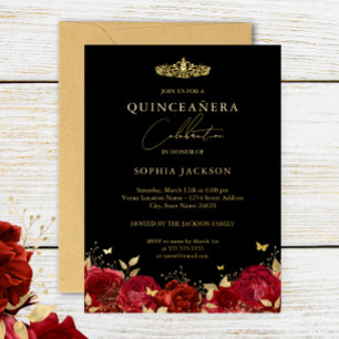 Invitación Con Relieve Metalizado Elegante Rosa Dorada Roja Mariposa Quinceañera  