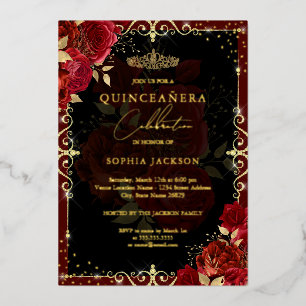 Invitación Con Relieve Metalizado Elegante Rosa Dorada Roja Quinceañera