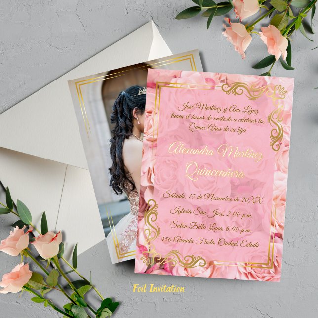 Invitación Con Relieve Metalizado Elegante Rosa Dorado Floral Quinceañera (Subido por el creador)