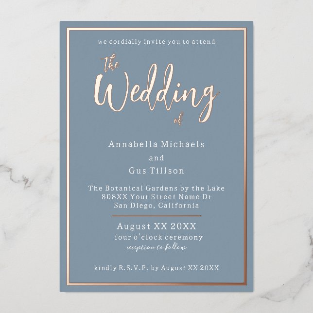 Invitación Con Relieve Metalizado Elegante Rosa Dorado Hoja en Azul Polvoriento Boda (Anverso)