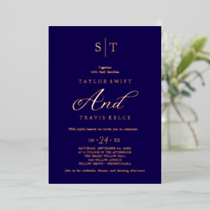 Invitación Con Relieve Metalizado Elegante Rosa Dorado Hoja Gris Monograma Boda