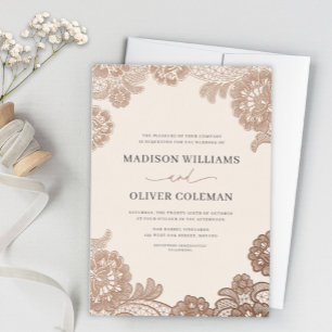 Invitación Con Relieve Metalizado Elegante Rosa Dorado + Rosa Clásico Encaje Boda Re