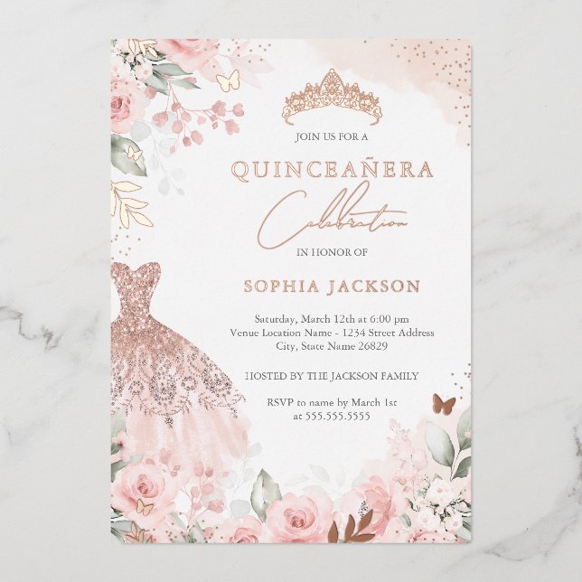 Invitación Con Relieve Metalizado Elegante Rosa Dorado Rubor Vestido Floral Quincean (Anverso)