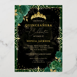 Invitación Con Relieve Metalizado Elegante Rosa Esmeralda Dorada Real Quinceañera