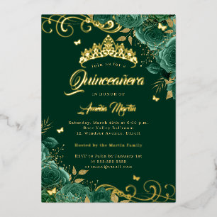 Invitación Con Relieve Metalizado Elegante Rosa Esmeralda Torcido Quinceañera de Oro