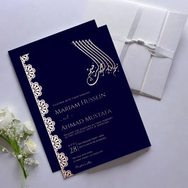 Invitación Con Relieve Metalizado Elegante Rosa Faux Gold y Boda islámico azul de la