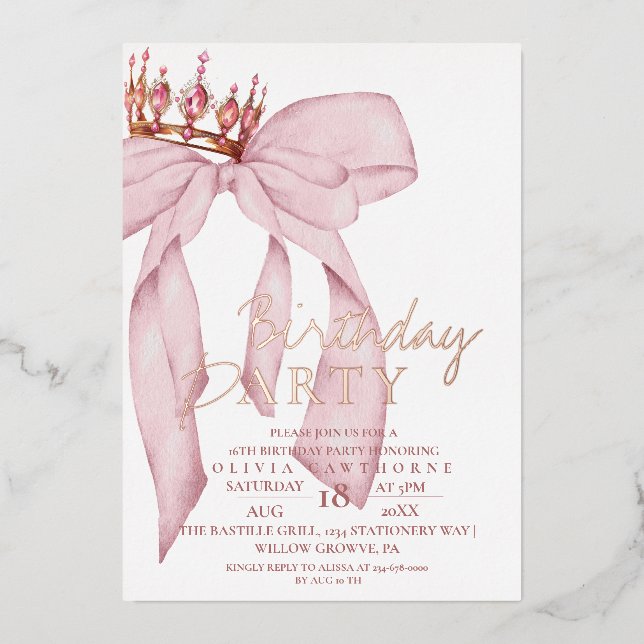 Invitación Con Relieve Metalizado Elegante Rosa Fiesta de Cumpleaños de Oro Rosado (Anverso)