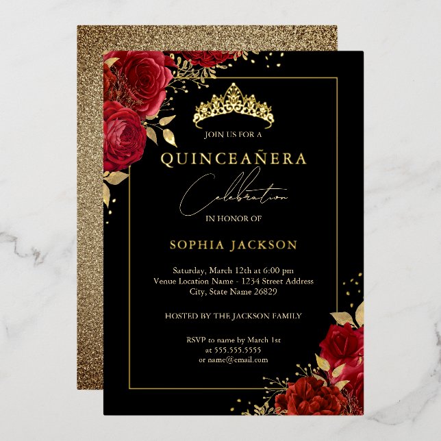 Invitación Con Relieve Metalizado Elegante Rosa floral de oro rojo Tiara Quinceanera (Anverso/Reverso)