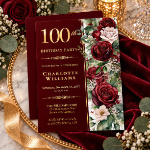 Invitación Con Relieve Metalizado Elegante Rosa Floral de Vino Borgoña Cumpleaños 10