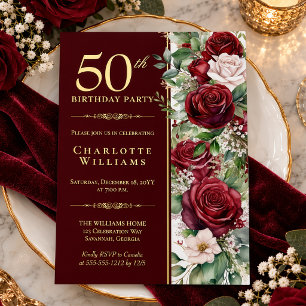 Invitación Con Relieve Metalizado Elegante Rosa Floral de Vino Borgoña Cumpleaños 50