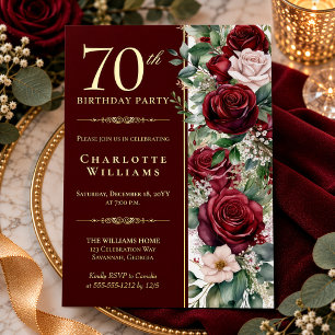 Invitación Con Relieve Metalizado Elegante Rosa Floral de Vino Borgoña Cumpleaños 70