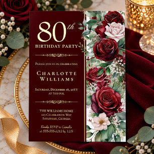 Invitación Con Relieve Metalizado Elegante Rosa Floral de Vino Borgoña Cumpleaños 80
