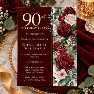 Invitación Con Relieve Metalizado Elegante Rosa Floral de Vino Borgoña Cumpleaños 90