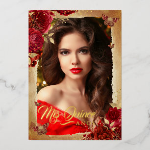 Invitación Con Relieve Metalizado Elegante Rosa Floral Quinceañera de Oro Rojo 