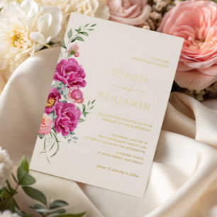 Invitación Con Relieve Metalizado Elegante Rosa Floral Vibrante Boda Dorado