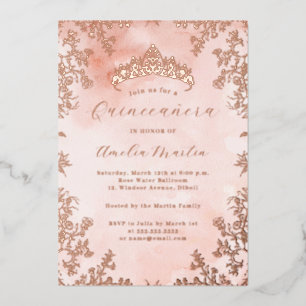 Invitación Con Relieve Metalizado Elegante Rosa floral vintage Gold Quinceanera