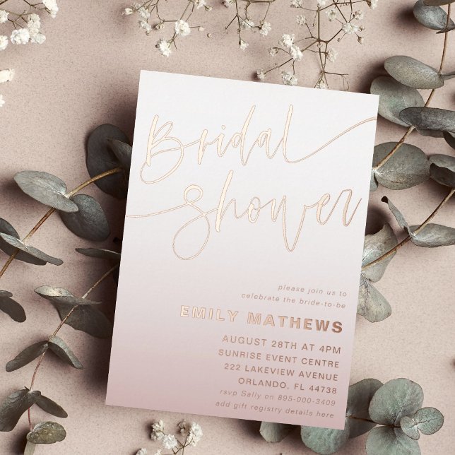Invitación Con Relieve Metalizado Elegante Rosa Gold Caligraphy Bridal Showerl (Subido por el creador)