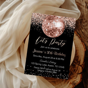 Invitación Con Relieve Metalizado Elegante Rosa Gold Disco Ball Vamos Fiesta Cumplea