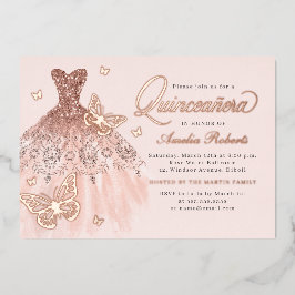 Invitación Con Relieve Metalizado Elegante Rosa Moda Mariposa de Oro Quinceanera