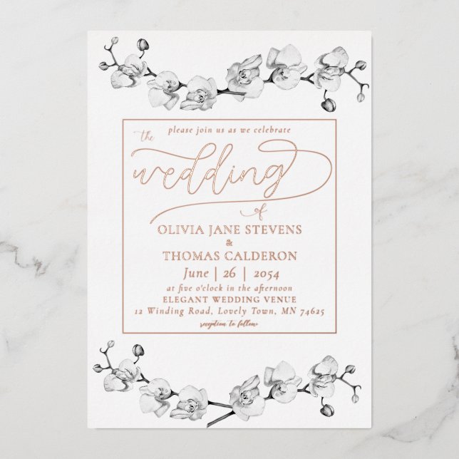 Invitación Con Relieve Metalizado Elegante Rosa moderno Orquídeas de oro Boda románt (Anverso)