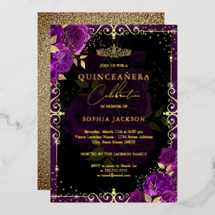 Invitación Con Relieve Metalizado Elegante Rosa Morada de Quinceañera de Oro 