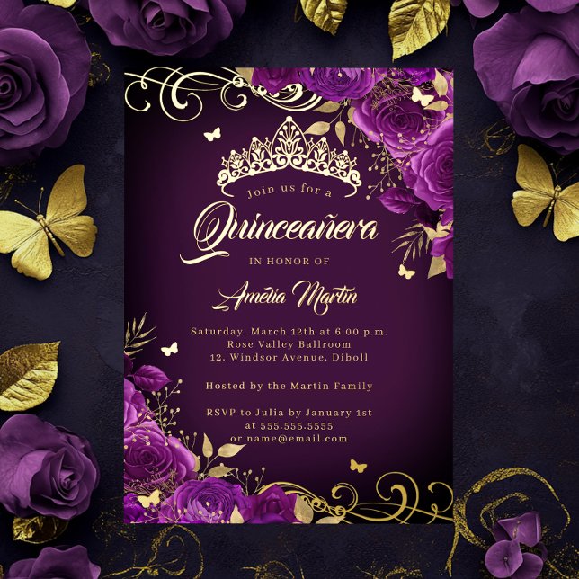 Invitación Con Relieve Metalizado Elegante Rosa morado Swirl Gold Quinceanera (Subido por el creador)