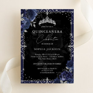 Invitación Con Relieve Metalizado Elegante Rosa Naval Quinceañera de Plata