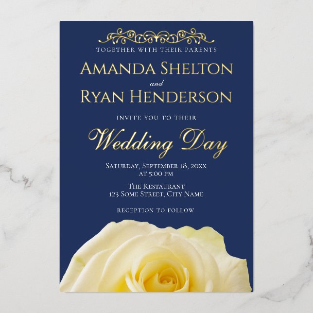 Invitación Con Relieve Metalizado Elegante Rosa Ornament Navy Blue Boda Gold (Anverso)