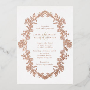 Invitación Con Relieve Metalizado Elegante Rosa Oro Toile Floral Wreath Boda