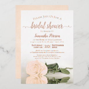 Invitación Con Relieve Metalizado Elegante Rosa Peach con ducha de novias de oro Sub