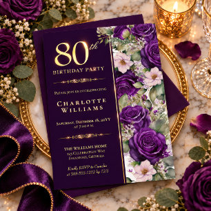 Invitación Con Relieve Metalizado Elegante Rosa Púrpura Floral Cumpleaños 80