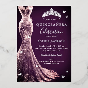 Invitación Con Relieve Metalizado Elegante Rosa Púrpura Plata Mariposa Quinceañera