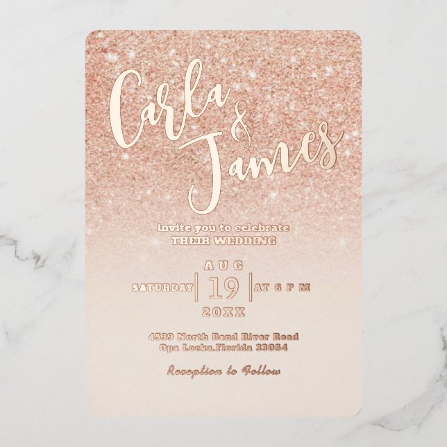 Invitación Con Relieve Metalizado Elegante Rosa Purpurina   Boda de moda (Anverso)