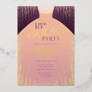 Invitación Con Relieve Metalizado Elegante Rosa Purpurina de oro vestido 18 cumpleañ