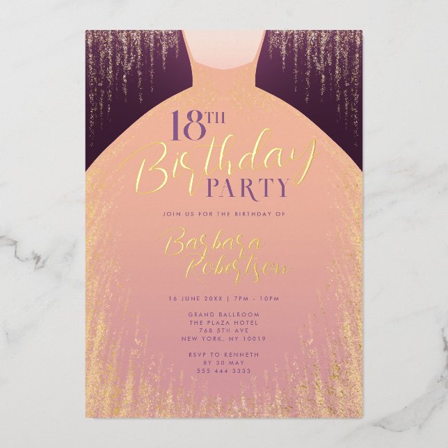 Invitación Con Relieve Metalizado Elegante Rosa Purpurina de oro vestido 18 cumpleañ (Anverso)