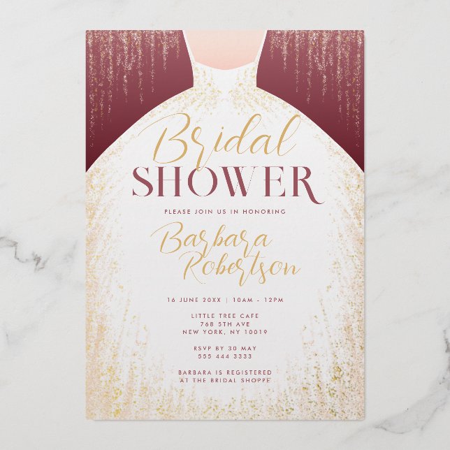 Invitación Con Relieve Metalizado Elegante Rosa Purpurina de oro vestido ducha de no (Anverso)