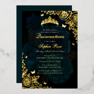 Invitación Con Relieve Metalizado Elegante Rosa Quinceañera Azul Teal Dorado