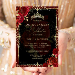 Invitación Con Relieve Metalizado Elegante Rosa Real de Oro Rojo Quinceanera