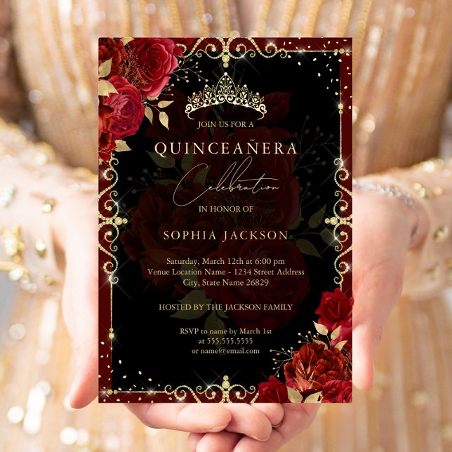 Invitación Con Relieve Metalizado Elegante Rosa Real de Oro Rojo Quinceanera (Subido por el creador)
