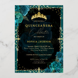 Invitación Con Relieve Metalizado Elegante Rosa real de oro Verde azulado Quinceaner
