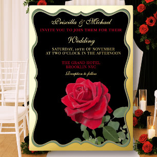 Invitación Con Relieve Metalizado Elegante Rosa Roja y Boda de Oro