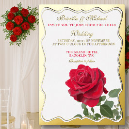 Invitación Con Relieve Metalizado Elegante Rosa Roja y Boda Relieve metalizado dorad