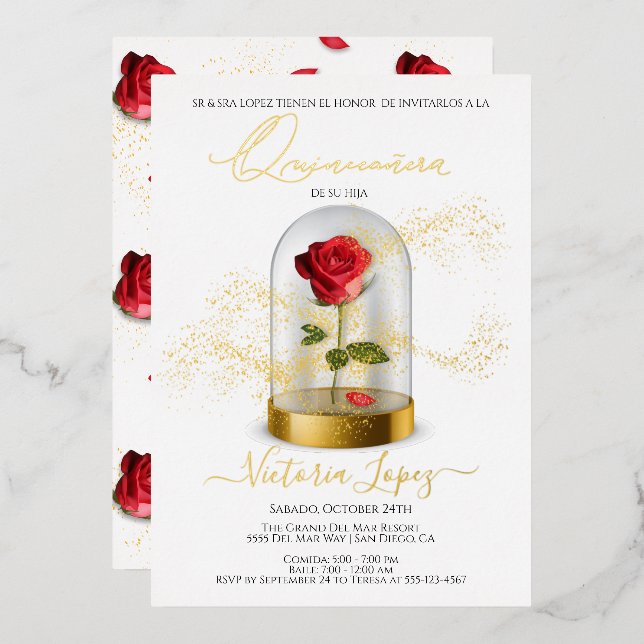 Invitación Con Relieve Metalizado Elegante rosa rojo quinceañera en español (Anverso/Reverso)