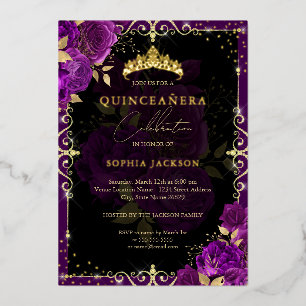Invitación Con Relieve Metalizado Elegante Rosa Royal Purple Gold Quinceanera