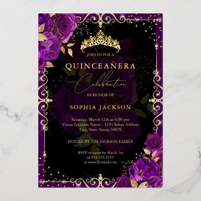 Invitación Con Relieve Metalizado Elegante Rosa Royal Purple Gold Quinceanera (Anverso)