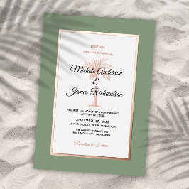Invitación Con Relieve Metalizado Elegante Rosa Sage Palm Tree Tropical Boda