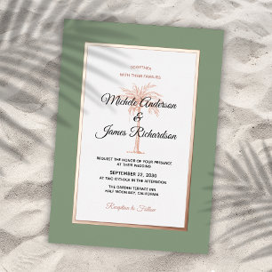 Invitación Con Relieve Metalizado Elegante Rosa Sage Palm Tree Tropical Boda
