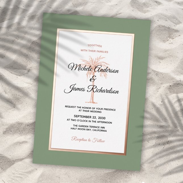 Invitación Con Relieve Metalizado Elegante Rosa Sage Palm Tree Tropical Boda (Elegant Sage Rose Gold Palm Tree Tropical Wedding Foil Invitation)
