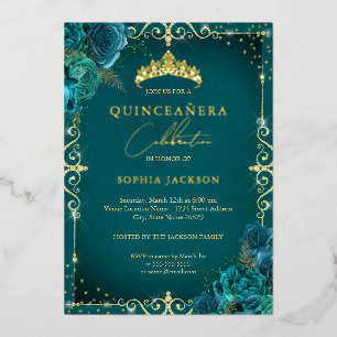 Invitación Con Relieve Metalizado Elegante Rosa Verde azulado Real Quinceanera